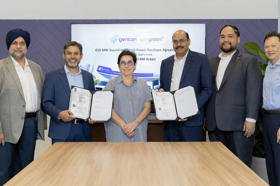 L to R: Navjit Gill (Country Head, Gentari India), Sushil Purohit (CEO, Gentari), Michele Azalbert (Chief Hydrogen Officer, Gentari), Mahesh Kolli (Group President, AM Green), Shahrul Yassin (Head of Commercial, Gentari India), and Kian Min Low (Chief Renewables Officer, Gentari).