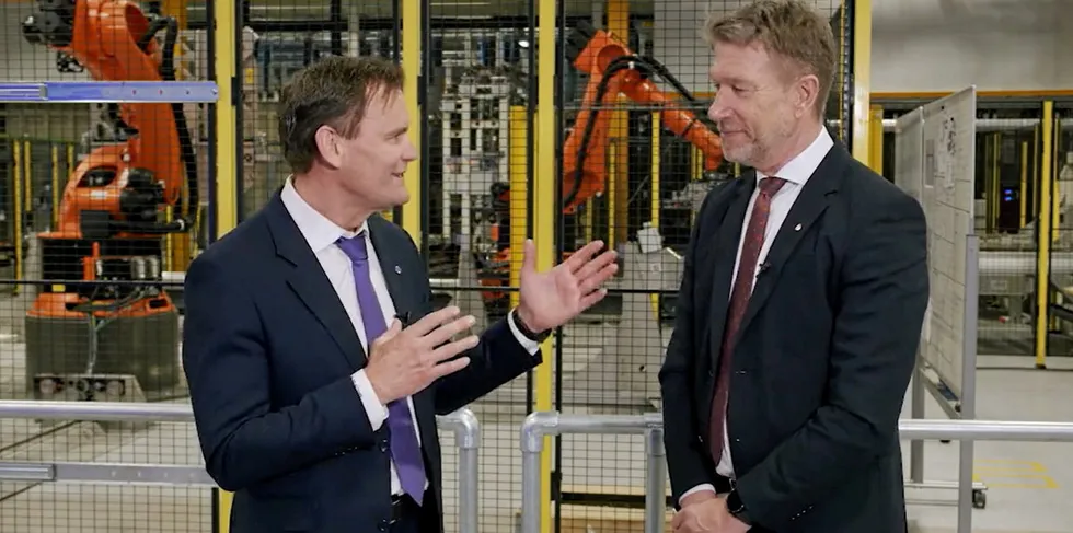 Nel CEO Jon André Løkke (left) talking to Norwegian petroleum and energy minister Terje Aasland at the new plant on Wednesday.