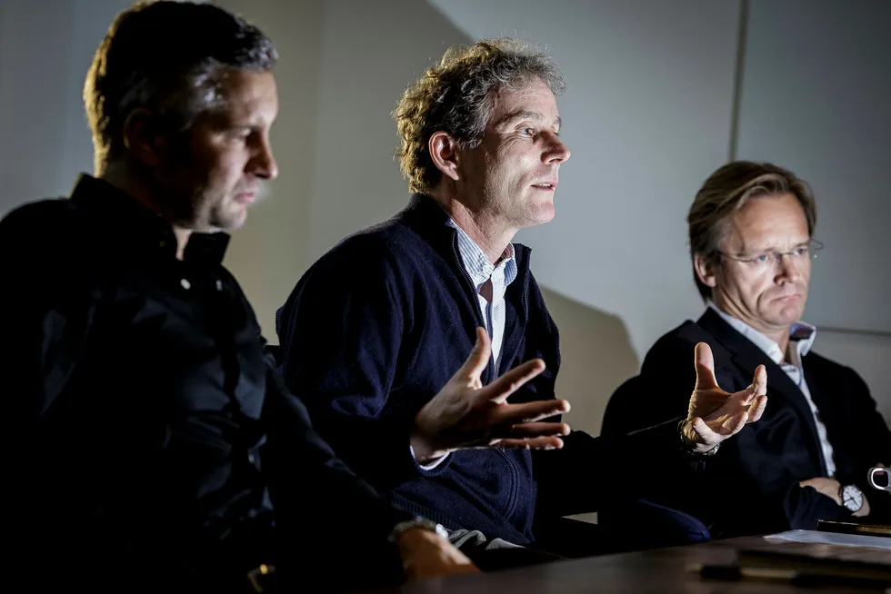 Medgründer og partner Tellef Thorleifsson i Northzone har søkt på stillingen som ny Norfund-sjef. På bildet sammen med Northzone-gründerne Torleif Ahlsand (til venstre) og Bjørn Stray. Foto: Gunnar Blöndal