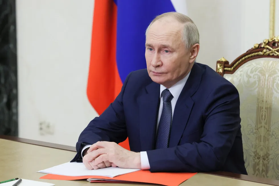 Russian President Vladimir Putin chairs a meeting with members of the Security Council via a video link in Moscow, Russia, March 21, 2025.