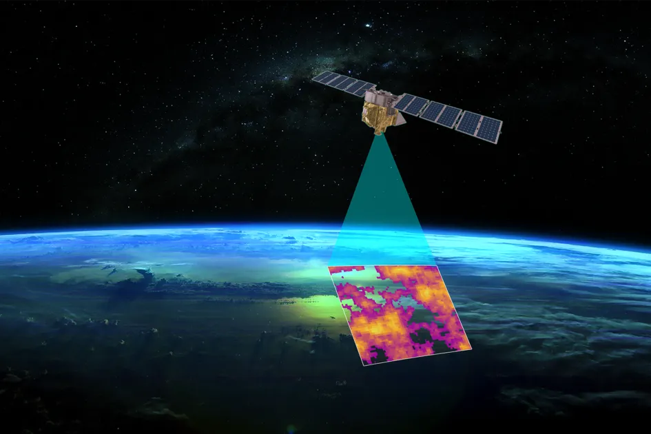 A rendering of MethaneSAT, a satellite deployed by the Environmental Defense Fund and the New Zealand Space Agency that measures methane emissions around the world.