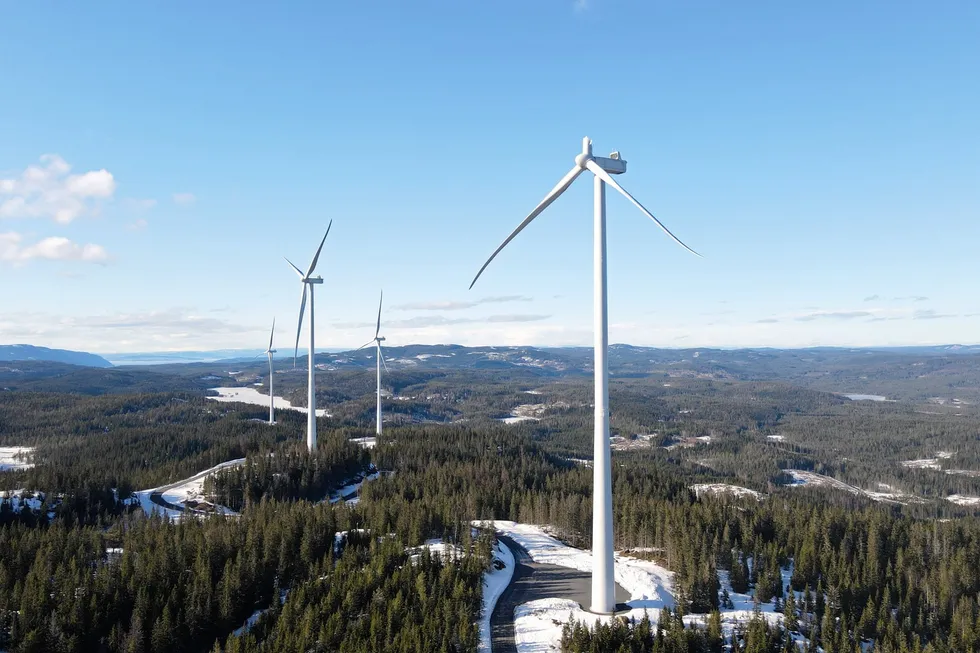 Den mye omtalte vindturbinen med knekt vingeblad i Odal Vindkraftverk. Ved utgangen av 2024 var fremdeles fire av kraftverkets turbiner ute av drift.