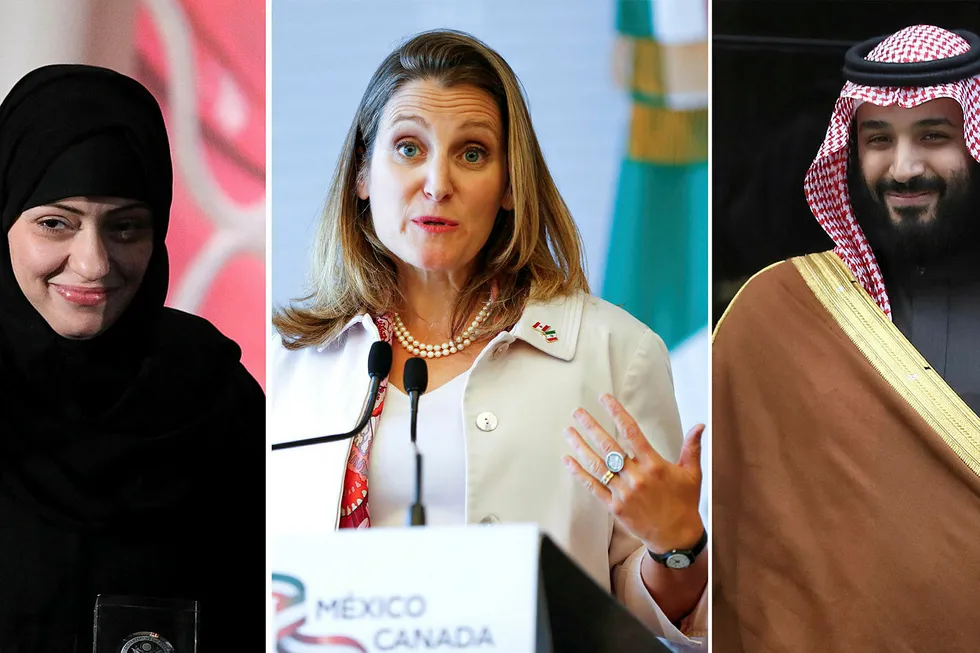 Etter at menneskerettsaktivisten og kvinneforkjemperen Samar Badawi, til venstre, ble fengslet av saudiske myndigheter, tvitret Canadas utenriksminister Chrystia Freeland en støttemelding til Badawi. Meldingen ble møtt med voldsomme motreaksjoner av det saudi-arabiske regimet, her representert ved kronprins Mohammad bin Salman.