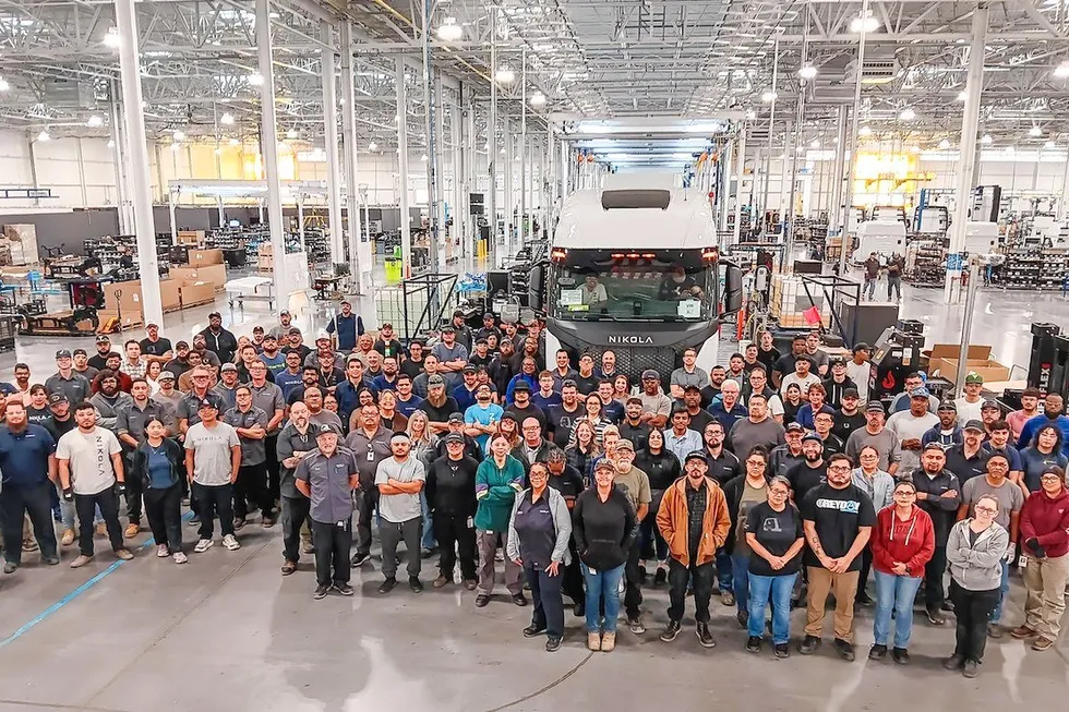 A photo of staff at Nikola's Coolidge plant from last November celebrating the 300th hydrogen fuel-cell truck coming off the production line.