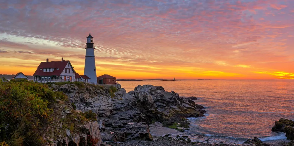 Sunrise at Portland Head Light in Maine.