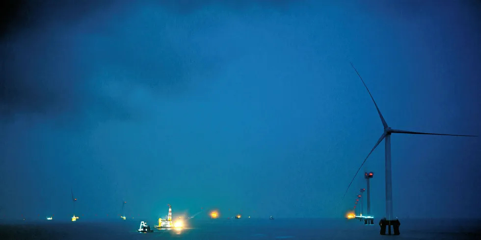 Work underway at the wind farm off of Rudong, Jiangsu province