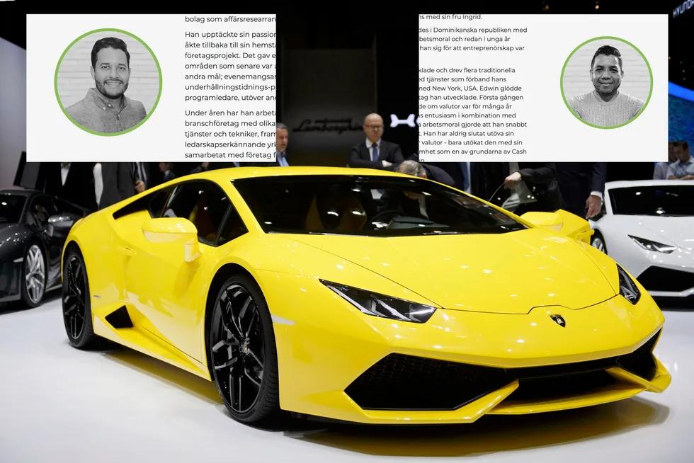 Huascar Lopez (innfelt til venstre) og Edwin Abad (høyre) er de to grunnleggerne av Cash FX Group, ifølge selskapets hjemmeside. Blir man global ambassadør i Cash FX Group (CFX), kan man få en Lamborghini, ifølge selskapets presentasjonsmateriale. Dette er en Lamborghini Huracan, som ligner den modellen CFX viser til.