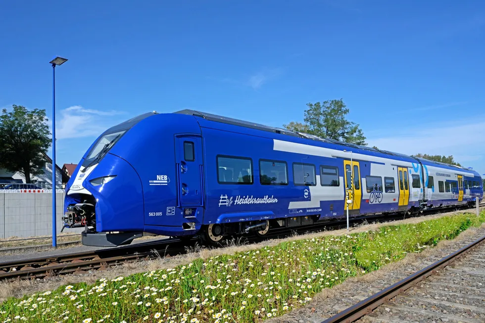 A Mireo Plus H train for the Heidekrautbahn outside NEB premises in Basdorf.