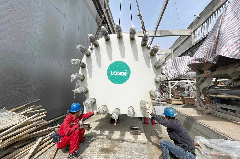 A Longi electrolyser stack being installed at the Qinghai Asia Silicon project in China.