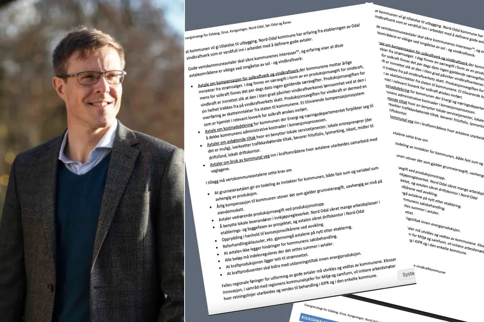 Collage med dokumenter og Johannes Hjelmstad, forretningsutvikler i Pyur Energy.