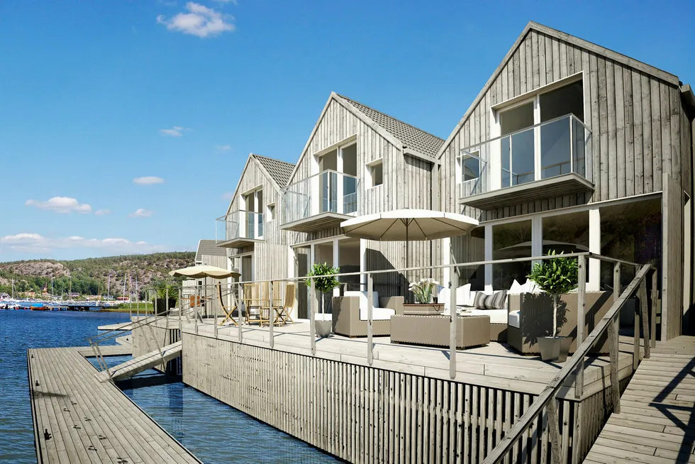 Slik skal Husebukta bli seende ut om utviklerne får viljen sin. Hyttene skal ifølge prospekt som ble laget tidlig i prosessen ligge solrikt til på sørsiden av Husebukta, med Hankø Yacht club som nærmeste nabo. Illustrasjon: Hankø utvikling