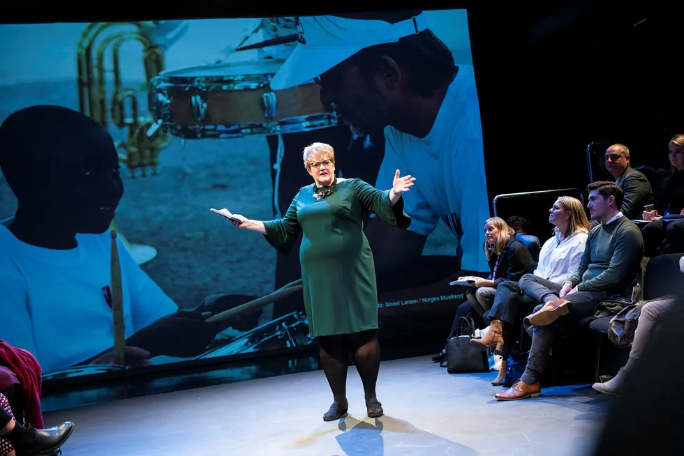 Kulturminister Trine Skei Grande presenterte sitt forslag til kulturbudsjett på Dramatikkens Hus på Grønland i Oslo.