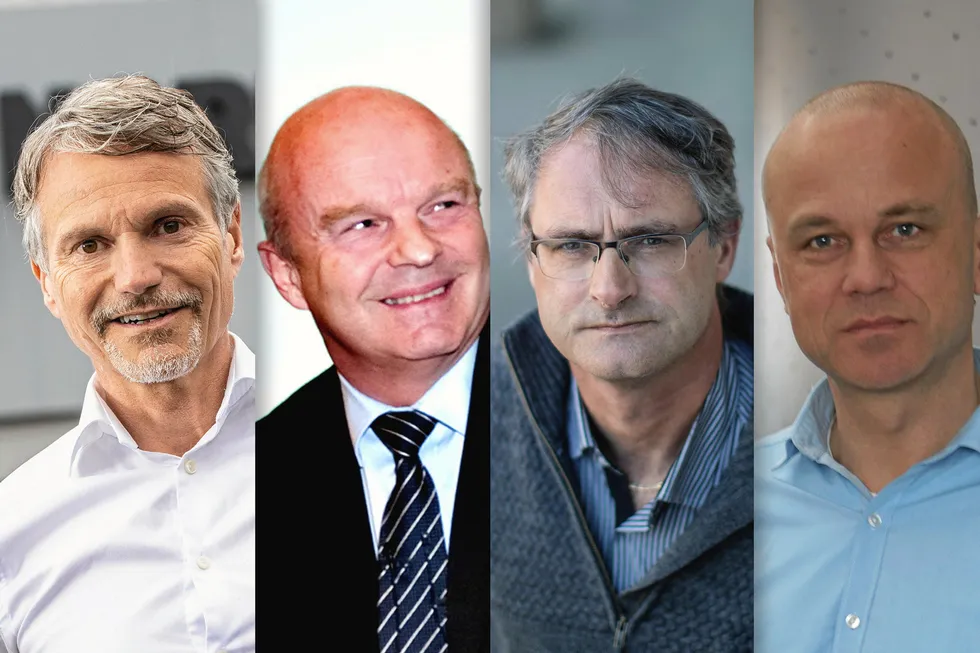 De tre sjefene i regionale selskap med høyest inntekt i 2023 – pluss ham med høyest formue. Fra venstre: Eirik Frantzen (Nordkraft) John Arne Haugerud (Kraftia Energi), Øyvind Lernes (Kvinnherad Energi) og Erik Espeset (Tafjord Kraft).