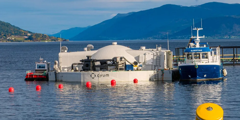 Ovum produserer lukkede, flytende anlegg kalt Egget. Her bilde fra innsett av fisk i Egget høsten 2022.