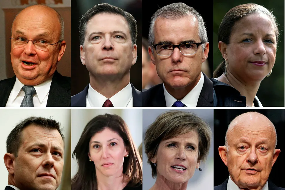 En rekke tidligere CIA-direktører tar et oppgjør med Donald Trump. Toppen fra venstre: Michael Hayden, James Comey, Andrew McCabe, Susan Rice. Bunnen fra venstre: Peter Strzok, Lisa Page, Sally Yates, James Clapper.