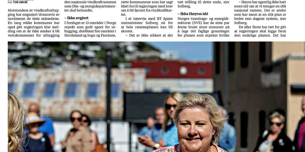 SNUOPERASJON: Lørdag 3. august gikk statsminister Erna Solberg langt i å skrinlegge hele den nasjonale rammen for vindkraft. – Høyre har egentlig ikke hatt noen idé om at vi trenger en slik ramme, sa hun, men glemte å nevne at det er hennes regjering som har tatt initiativ til den.