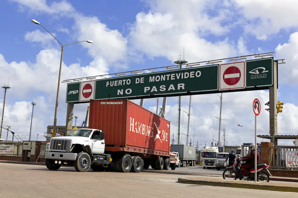 A loaded truck leaves the Port of Montevideo in Uruguay.