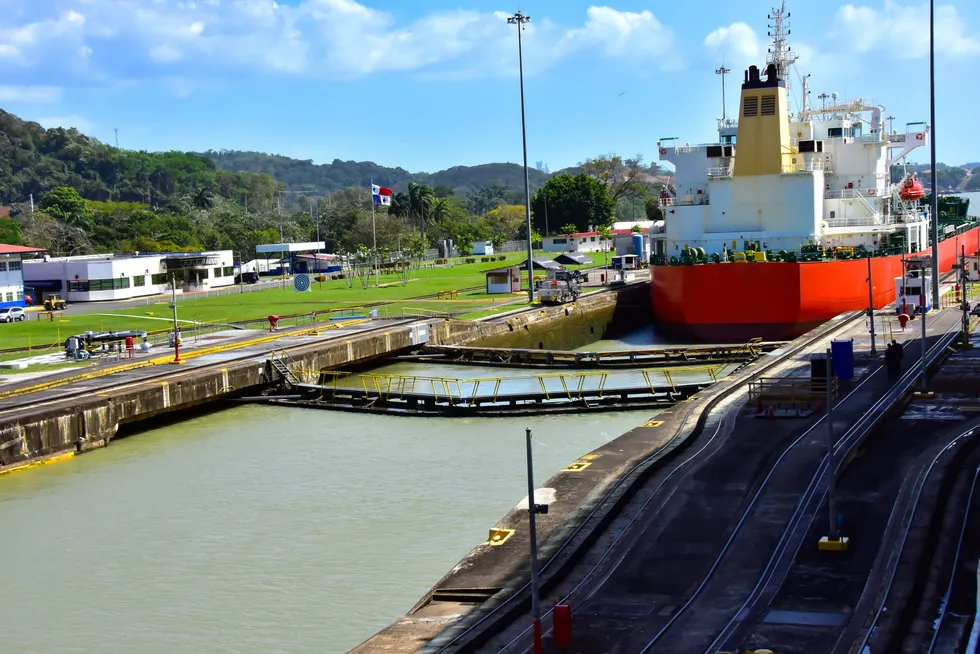 A large ship going through the Pedro Miguel Locks at the Panama Canal.