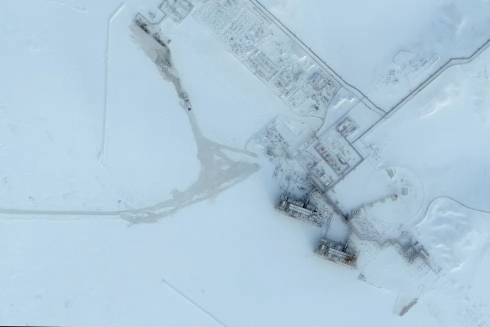 A satellite image shows Train 1 (lower) and Train 2 (upper) at Arctic LNG 2 terminal in the Gydan Peninsula in Russia in March 2025.