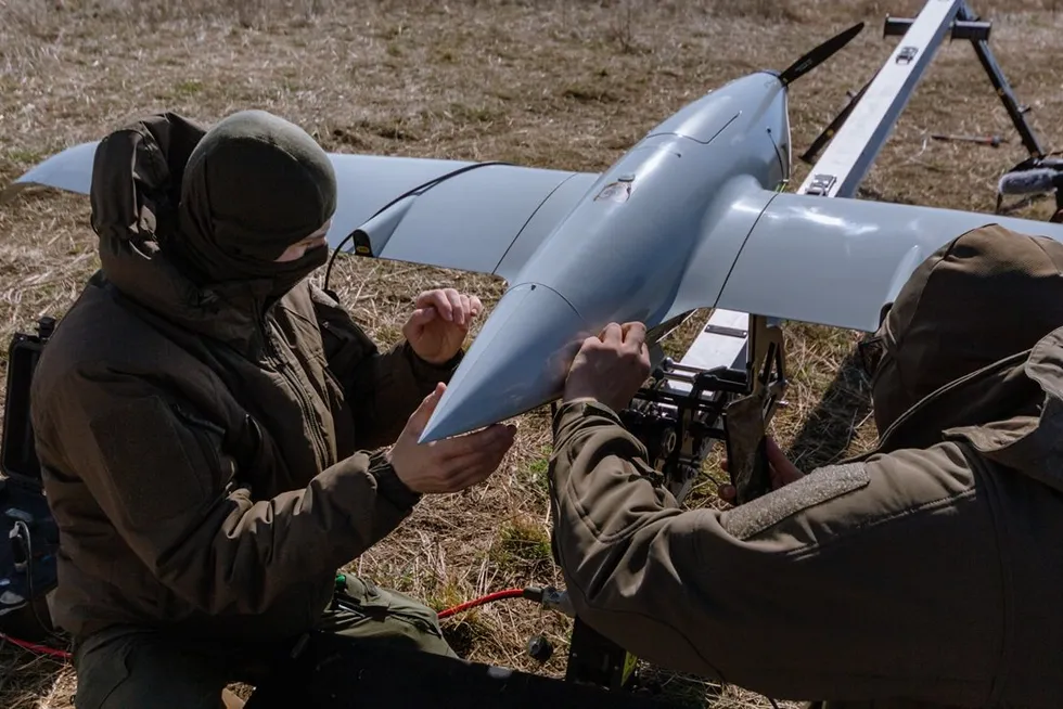 An image of the prototype hydrogen-powered Raybird UAV on its catapult launcher.