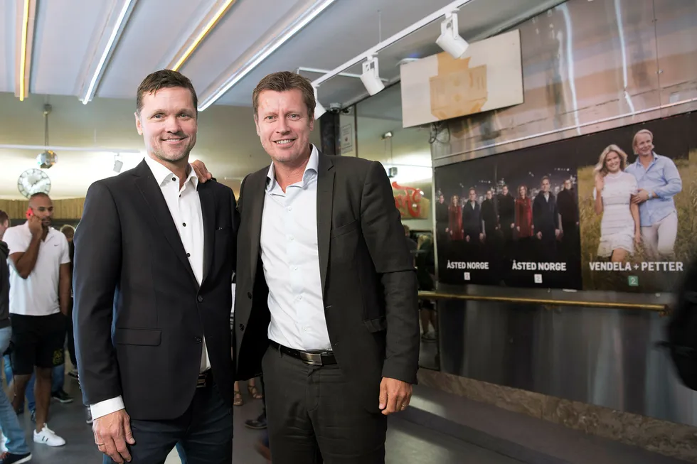 Programdirektør Jarle Nakken (tv) og kanaldirektør Trygve Rønningen i TV 2 under tirsdagens høstlansering. Foto: Elin Høyland