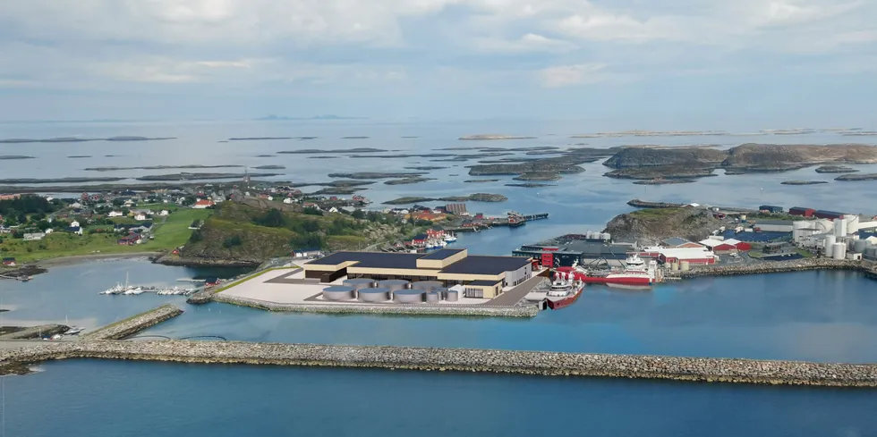 Slik vil lakseslakteriet ta seg ut når det står ferdig bygget. Bildet er en tilsendt illustrasjon fra Nova Sea.