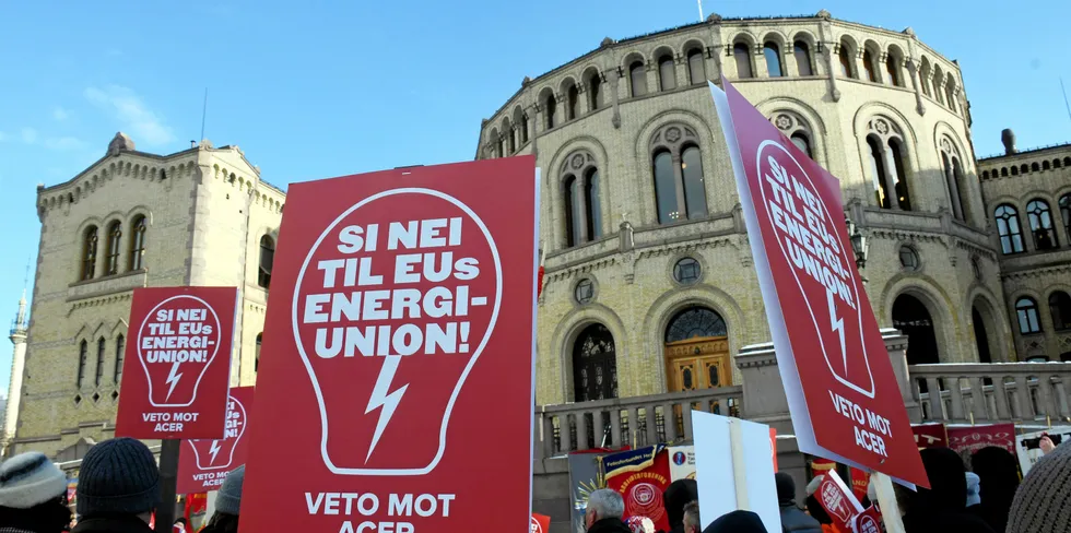 Det har de siste årene vært flere demonstrasjoner mot Acer foran Stortinget. Nå vil Senterpartiet og Rødt at saken legges i bero inntil den er avgjort i retten.