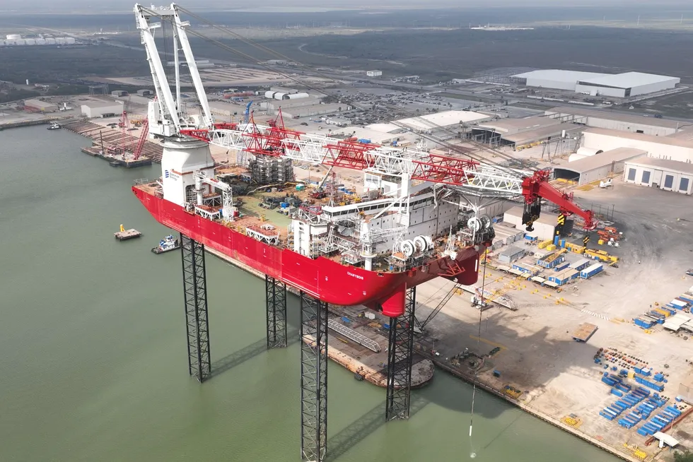 Dominion Energy's Charybdis wind turbine installation vessel at Seatrium's Galveston, Texas, yard