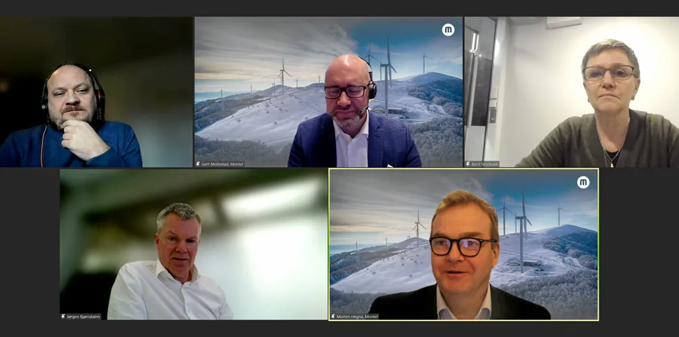 Paneldeltagere på Montel-webinaret: Tor Reier Lilleholt i Volue, debattleder Gert Ove Mollestad i Montel, Berit Tennbakk, i Thema Consulting, Jørgen Bjørndalen i DNV og konferanseleder Morten Hegna i Montel.