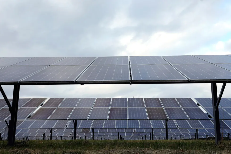 The US is at an inflection point for solar, which is expected to be the leading source of growth in the country’s electric power sector through 2025. Solar panels are seen at the DTE O'Shea Solar Park work in Detroit.