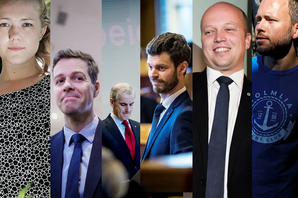 Alle må med (fra venstre): MDG-talsperson Une Bastholm, KrF-leder Knut Arild Hareide, Ap-leder Jonas Gahr Støre, Rødt-leder Bjørnar Moxnes, Sp-leder Trygve Slagsvold Vedum og SV-leder Audun Lysbakken. Foto: Linda Helen Næsfeldt, Nicklas Knudsen, Gorm K. Gaare, Gunnar Blöndal, Fredrik Solstad og Javad Parsa