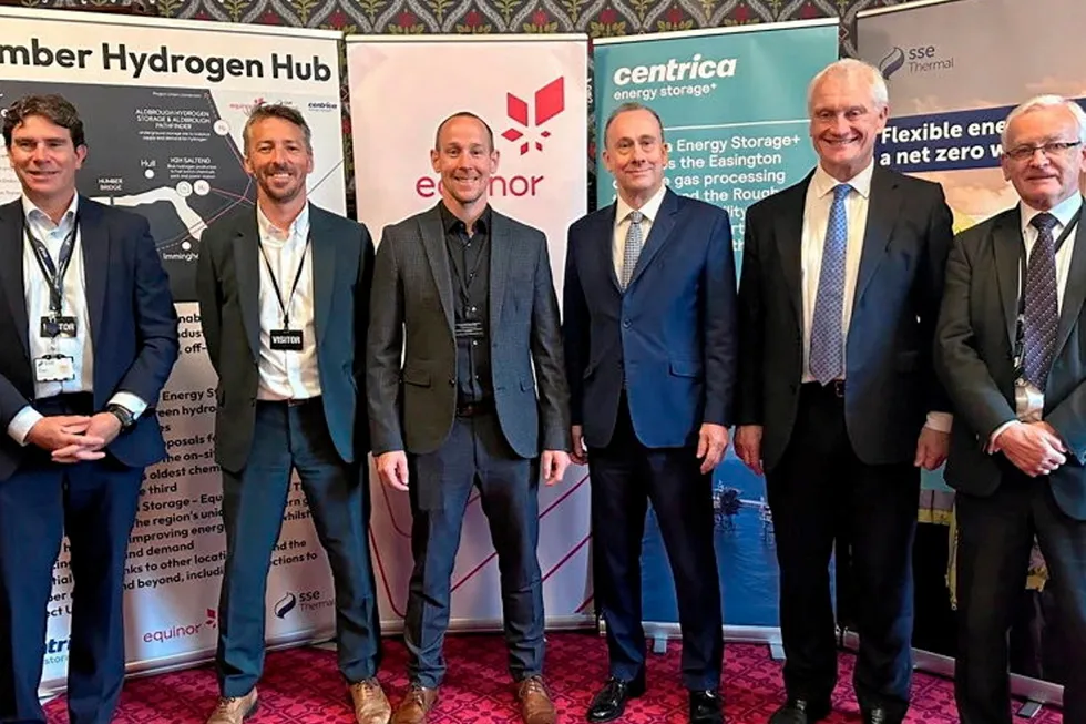 Executives from Centrica, Equinor, and SSE Thermal at a launch event for Humber Hydrogen Hub, with energy minister Lord Callanan third from right.