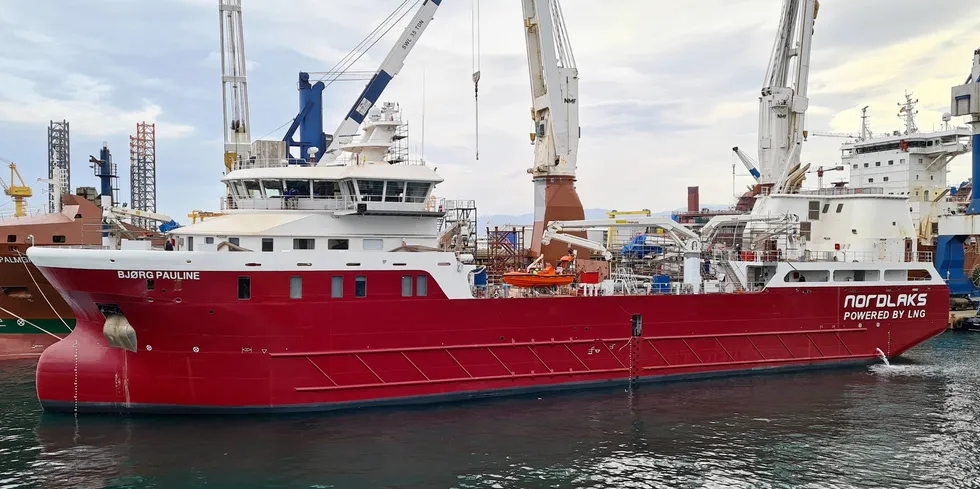 Bilde av Nordlaks sin nye brønnbåt, Bjørg Pauline, under sjøsetting i Tyrkia.