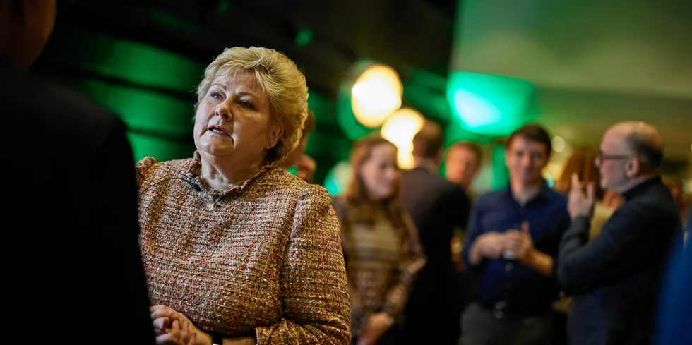 Erna Soberg har uttalt seg om grunnrenteskatt på havbruk.