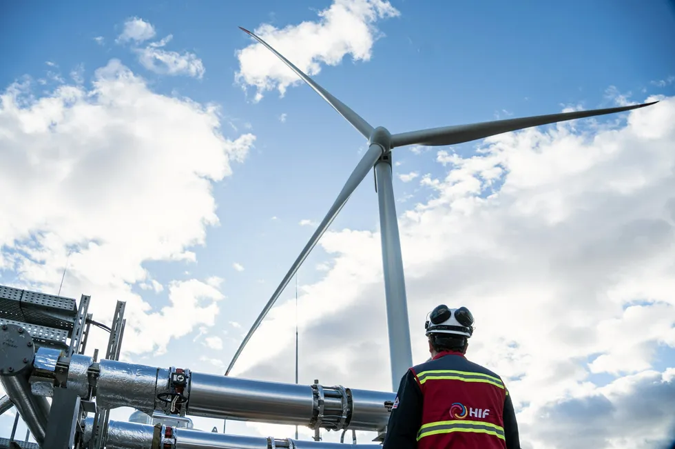 The wind turbine at HIF Global's Haru Oni e-fuel pilot project in Chile.