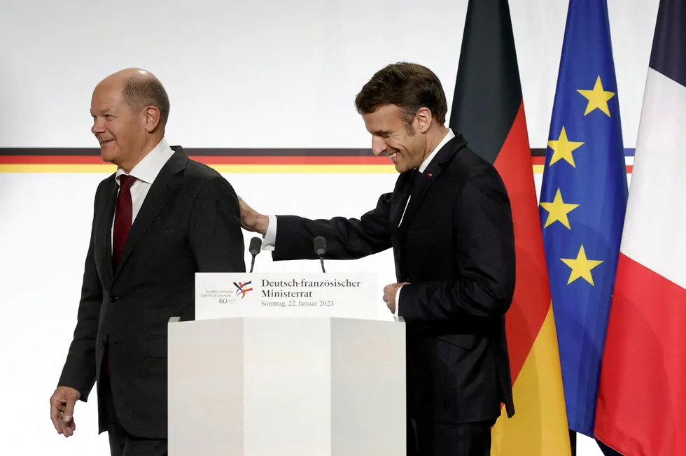 French President Emmanual Macron and German Chancellor Olaf Scholz at a meeting in Berlin in January.