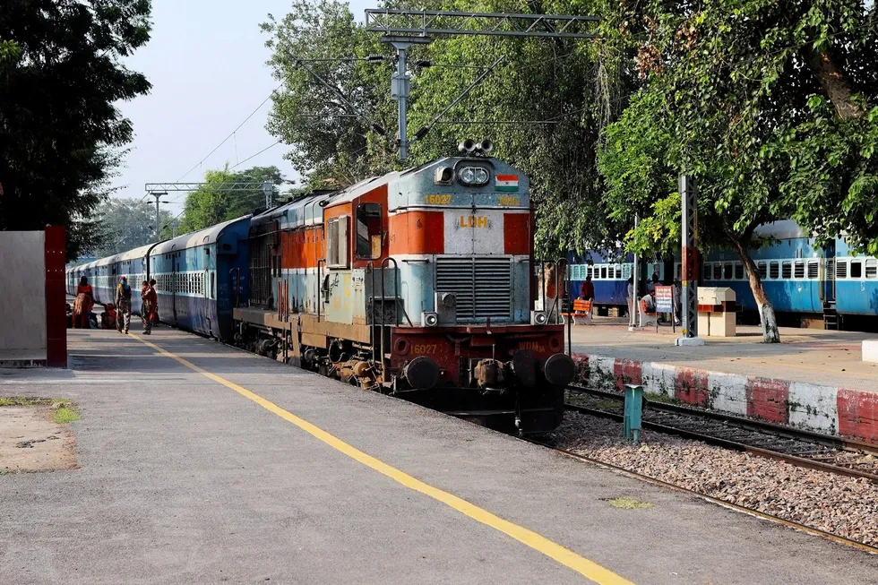 A diesel passenger train at the station in Jind, India.