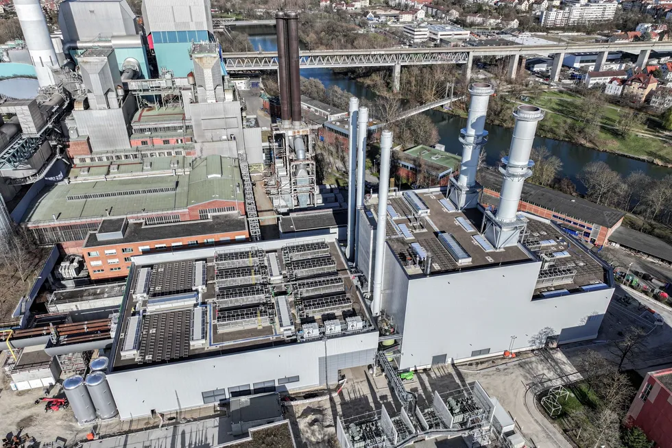 An aerial view of the hydrogen-ready gas-fired power plant in Stuttgart-Münster