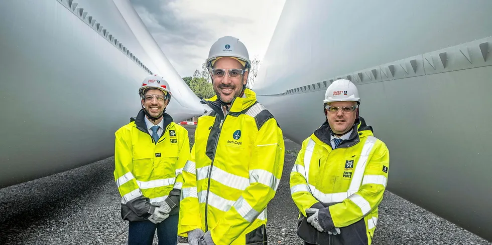 Dundee delight: (left to right) John Alexander, leader of Dundee City Council; Adam Ezzamel, project director of Inch Cape; David Webster, director of energy, Forth Ports