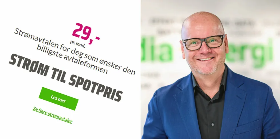 Gunnar Norheim (bildet) er gründeren av Skandiaenergi. Billigst-påstanden til venstre i bildet er hentet fra Skandiaenergis nettside 7. februar 2023.