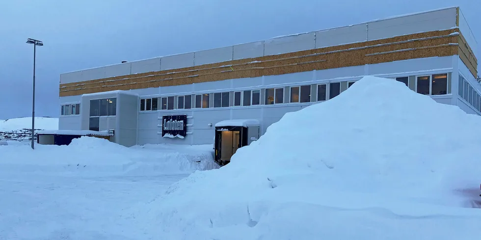 MYE SNØ: Insula-fabrikken i Storeidøya på Leknes i Lofoten mandag 28.januar 2019, klokka 13. Insula holder på å bygge på en ny etasje. Vinduene er ennå ikke satt inn.