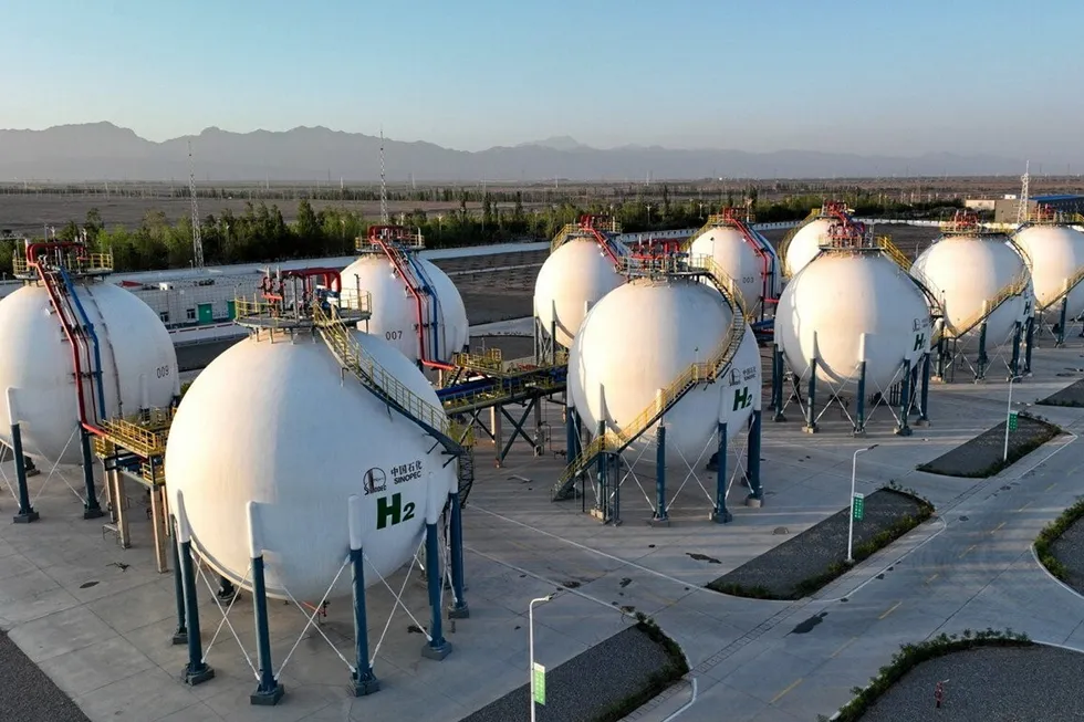 Hydrogen storage tanks at Sinopec's 260MW Kuqa green hydrogen project, the world's largest, in Xinjiang, China.