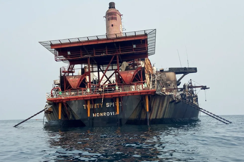 Stern view: wreckage of the Trinity Spirit FPSO offshore Nigeria seen after an explosion and fire broke out last week