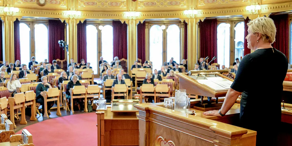 Finansminister Siv Jensen legger frem Statsbudsjettet for 2019 på Stortinget. Statsbudsjettet 2019. Siv Jensen i Stortinget.