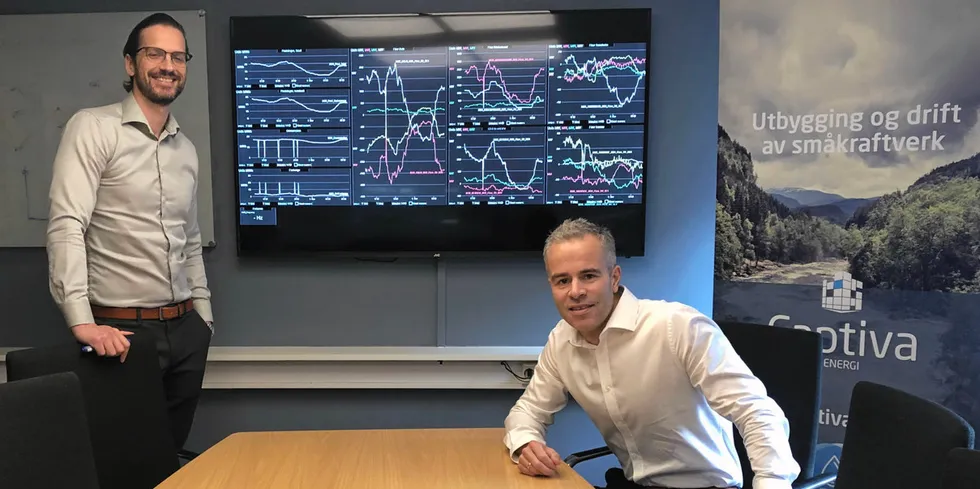 Sjef og gründer Stig Østebrøt i Captiva (til høyre) og Stian Broen i datterselskapet Broentech som utvikler analysesystemet Tyde.