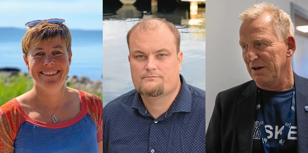 Fagsjef Trude H. Nordli i Sjømat Norge, Terje Eriksen i Fiskarlaget Vest og Fiskarlaget-leder Kåre Heggebø.