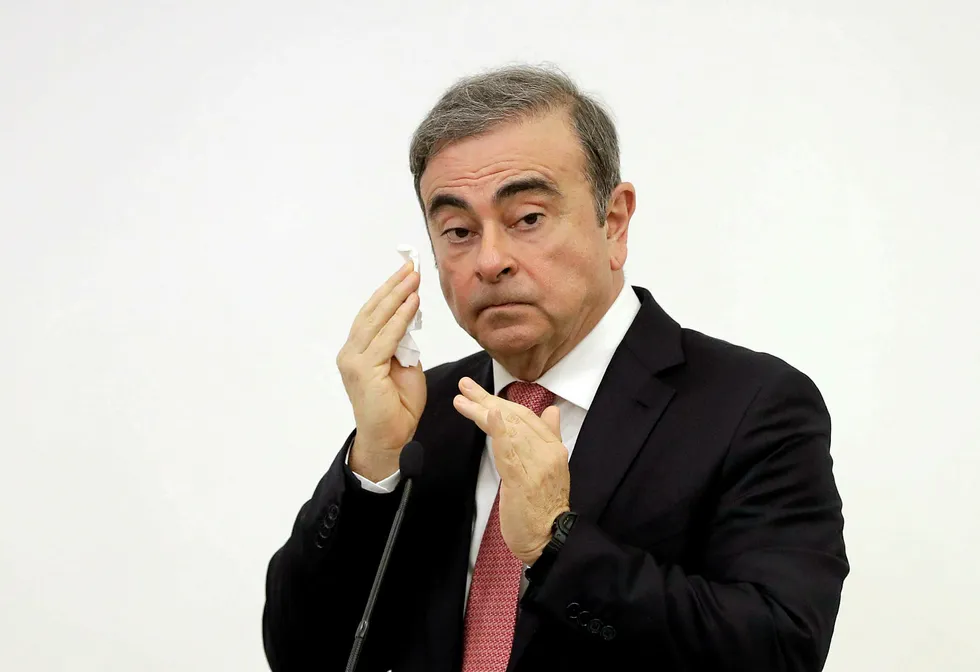 Tidligere Renault-Nissan-sjef Carlos Ghosn på pressekonferansen i Beirut onsdag.