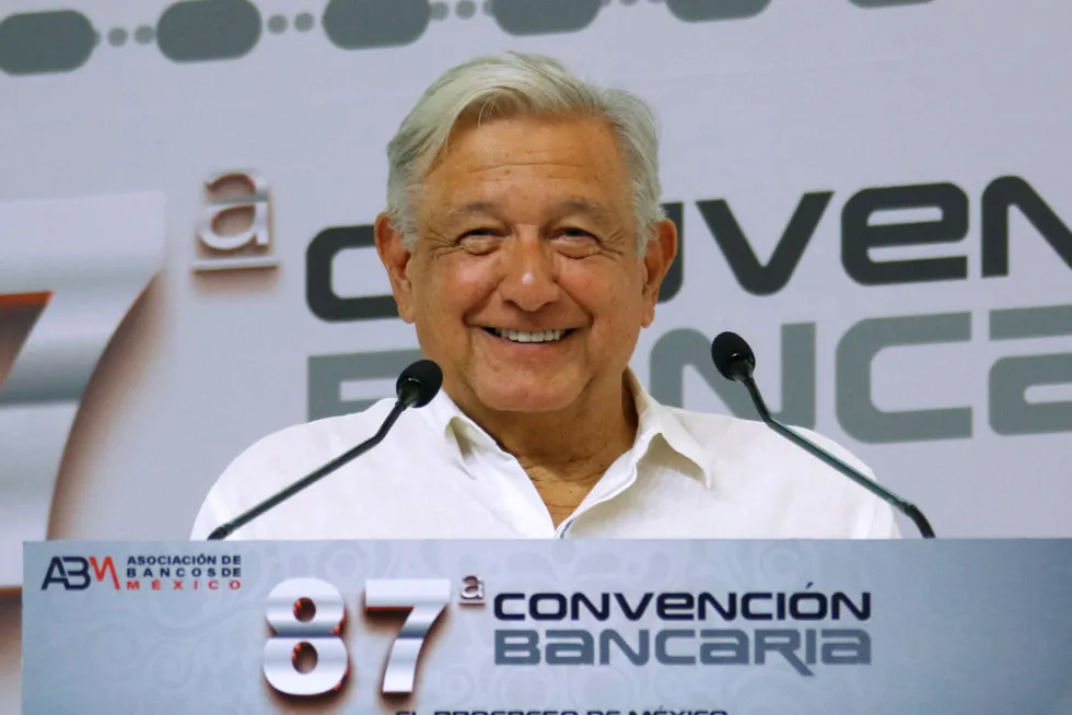 Mexico's President Andres Manuel Lopez Obrador attends a banking convention in April 2024.