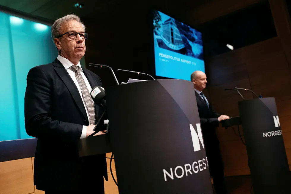 Sentralbanksjef Øystein Olsen presenterer hovedstyrets rentebeslutning og presentasjon av pengepolitisk rapport 1/19 tidligere i år.