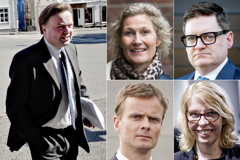 Blant Norges best betalte advokater, fra venstre og øverst: Erling Ueland i Schjødt, Anne Sofie Bjørkholt i Bahr, Peter Hammerich i Bahr, Dag S. Kaada i Schjødt og Siri Teigum i Thommessen.